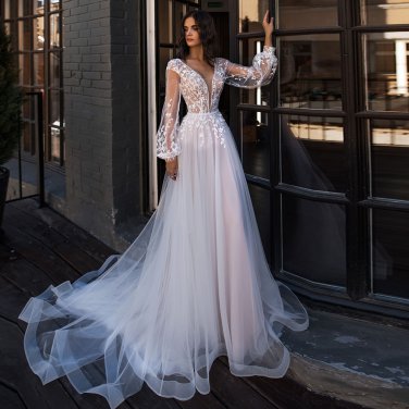 Elegant Deep V-neck Beach Long Sleeves Lace Appliques Lace Up Bridal Gowns