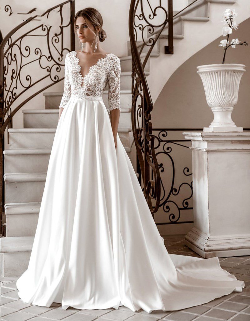 Elegant Long Sleeve Lace Wedding Dresses V-Neck Satin A-Line vestido de novia Bridal Gown
