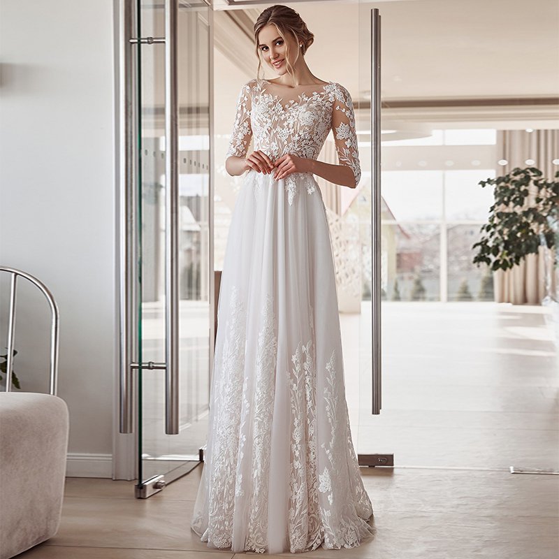 Half Sleeve Floor Length A-Line Wedding Dress  Lace Appliques O-Neck Vintage Civil Bridal Gown