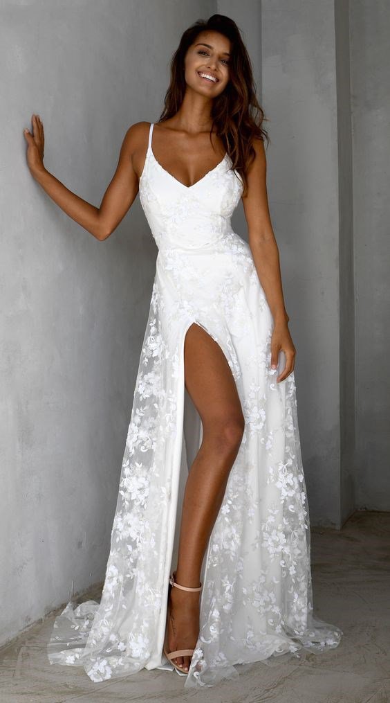Lace Spaghetti Straps High Slit Wedding Dress Boho A-Line V-Neck Beach Bride Dresses
