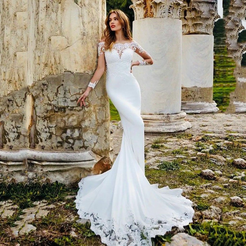 Aviana Mermaid Lace AppliquÃ© Wedding Dress For Women Elegant Stain Court Train Bridal Gown