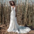 Bohemian Lace Spaghetti Straps Appliques Backless Sexy Deep V Neck Bridal Gowns