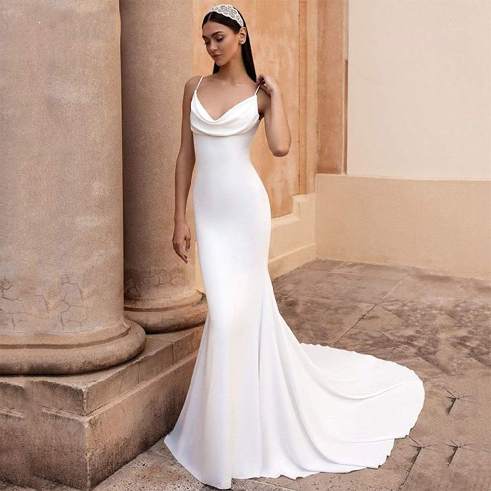 Cowl Neck Mermaid Wedding Dress Simple Spaghetti Strap Backless Stain Bridal Gown