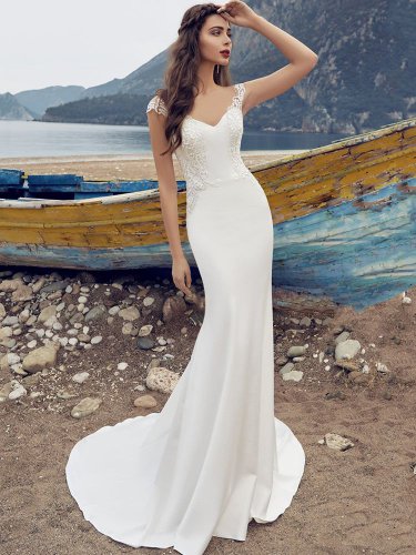 Elegant Lace Mermaid Wedding Dresses V Neck Sleeveless Appliques Sweep Train For Women Bridal Dress