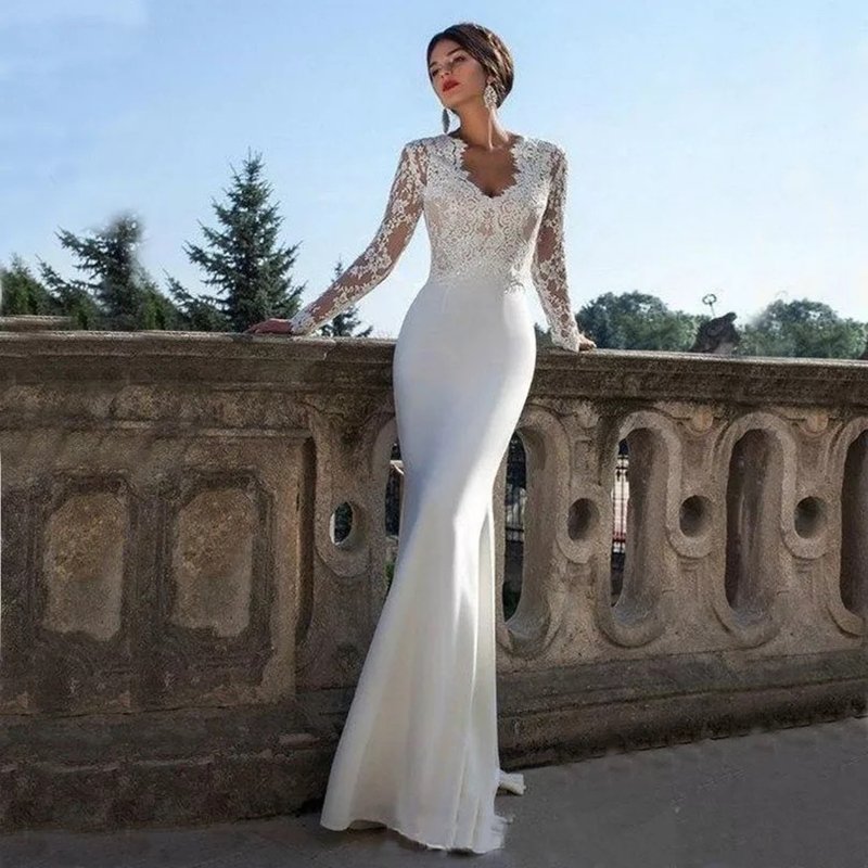 Lace Long Sleeve Mermaid Wedding Dresses With Train Elastic Satin Appliques Bridal Gown