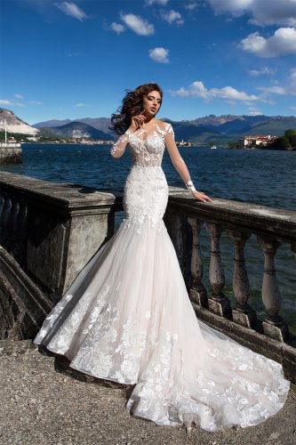 Sexy Illusion Wedding Dresses Mermaid Scoop Long Sleeve Applique Sweep Train Tulle Brial Gown