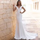 Simple V-neck Satin Mermaid Wedding Dresses for Women Backless Cap Sleeve Lace Vintage Bridal Gown
