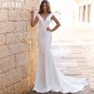 Simple V-neck Satin Mermaid Wedding Dresses for Women Backless Cap Sleeve Lace Vintage Bridal Gown