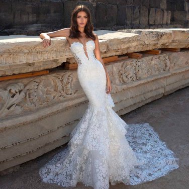 White Luxury Wedding Dresses Strapless Neck Bow-knot Applique Mermaid Gown
