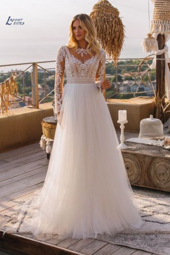 Bohemian Illusion Back Sweep Long Sleeve A-LineTulle Lace Applique Chic Bridal Gown