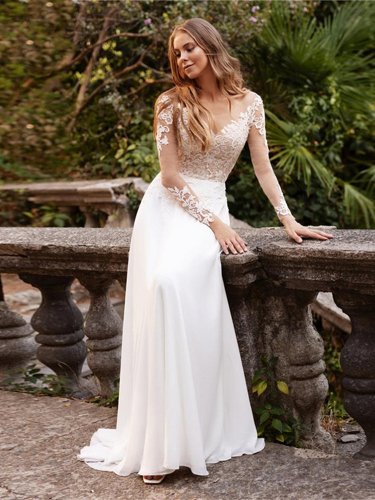 Elegant Long Sleeves Chiffon Lace Applique Illusion Tulle V-Neck Backless Bride Gown