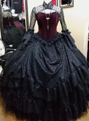 Vintage Black Gothic Wedding Dresses Bridal Ball Gown Long Sleeves High ...