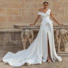 Simple A-Line Satin Wedding Dresses Off The Shoulder V-Neck High Slit Bridal Gowns