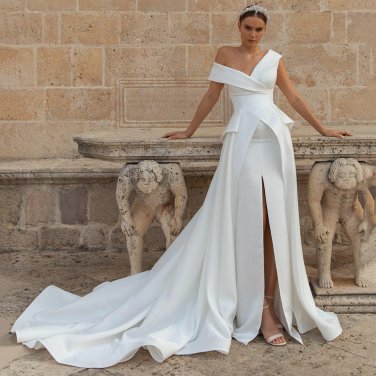 Simple A-Line Satin Wedding Dresses Off The Shoulder V-Neck High Slit Bridal Gowns