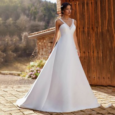 Simple Ivory Satin Wedding Dresses Sexy Backless V-Neck Spaghetti Straps Bridal Gowns