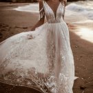 Elegant Bohemian Open Back Sweep Train Sleeveless Beach Lace Deep V-Neck Sexy Wedding Dress