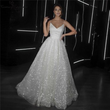 Glitter Wedding Dresses for Women Spaghetti Backless A-Line Princess Bridal Gowns