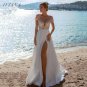 Lace AppliquÃ© V-Neck Stain Wedding Dress Sied Split Backless Sweep Train Beach Bridal Gown
