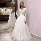 Lace Boho Wedding Dresses Long Sleeve V-Neck Button Back A-Line Tulle Skirt Beach Bridal Gowns