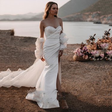 Off Shoulder Mermaid Wedding Dresses Sweetheart Glitter Side Slit Bridal Gowns