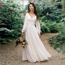 Simple Wedding Dresses Long Sleeve V-Neck Backless Chiffon A-Line Beach Bridal Gowns