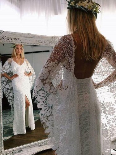 Batwing Sleeve Lace Rustic Wedding Dresses Ivory Sheath Boho Wedding Dresses