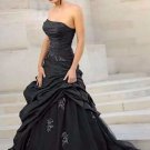 Black Gothic Sweep Train A-Line Pleats Applique Tulle Taffeta Strapless Bridal Gowns