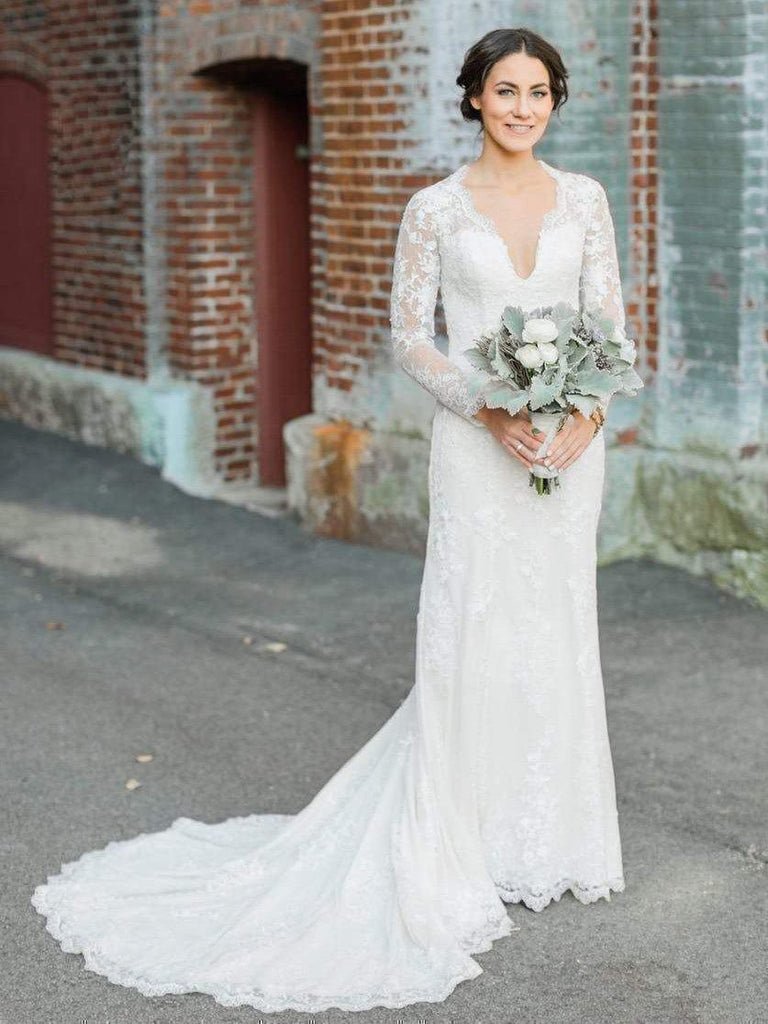 Long Sleeve Modest Sheath Lace Wedding Dresses With Court Train