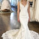 V-Neck Lace Appliqued Mermaid Wedding Dresses With Chapel Train