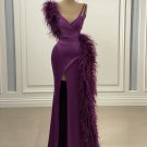 Chic Purple Feather Prom Dresses With Straps Satin Mermaid Long Side Split Long Evening Gowns