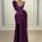 Chic Purple Feather Prom Dresses With Straps Satin Mermaid Long Side Split Long Evening Gowns