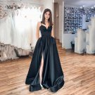 Elegant Black Long Formal Evening Dresses A-Line Sexy High Slit Satin Simple Prom Gowns