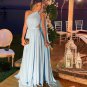 One Shoulder Prom Dresses Long A Line Chiffon Light Blue Simple Ruffled Formal Prom Gown