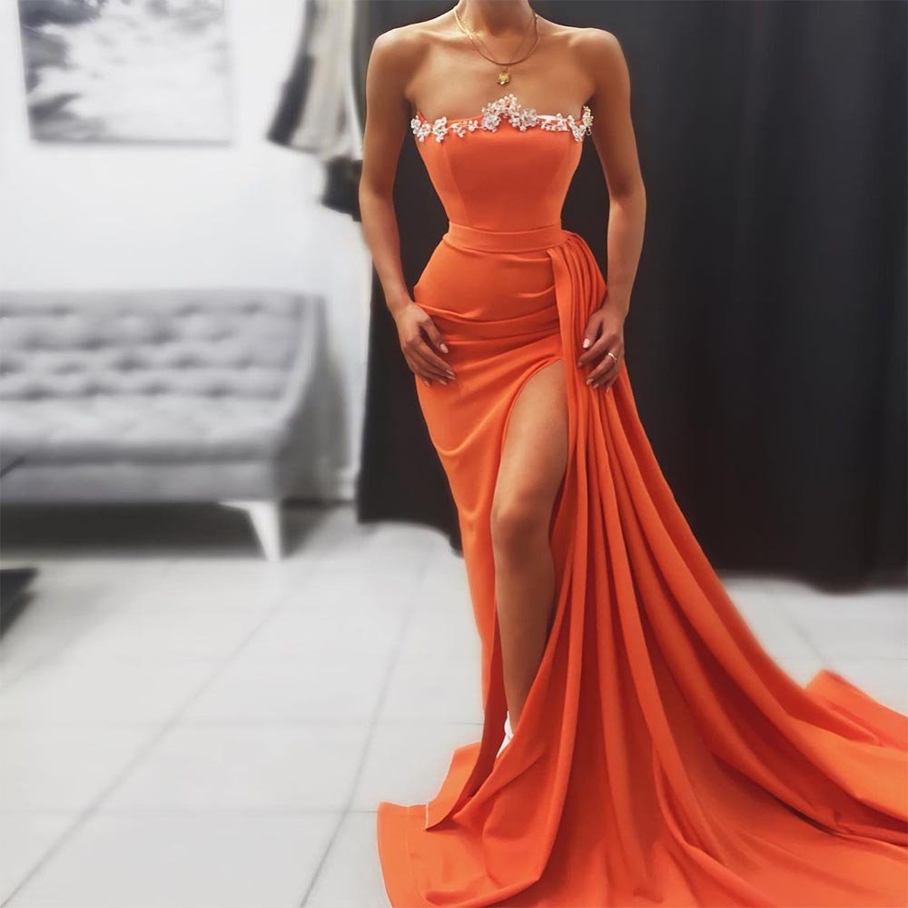 Orange High Side Split Satin Mermaid Evening Dresses