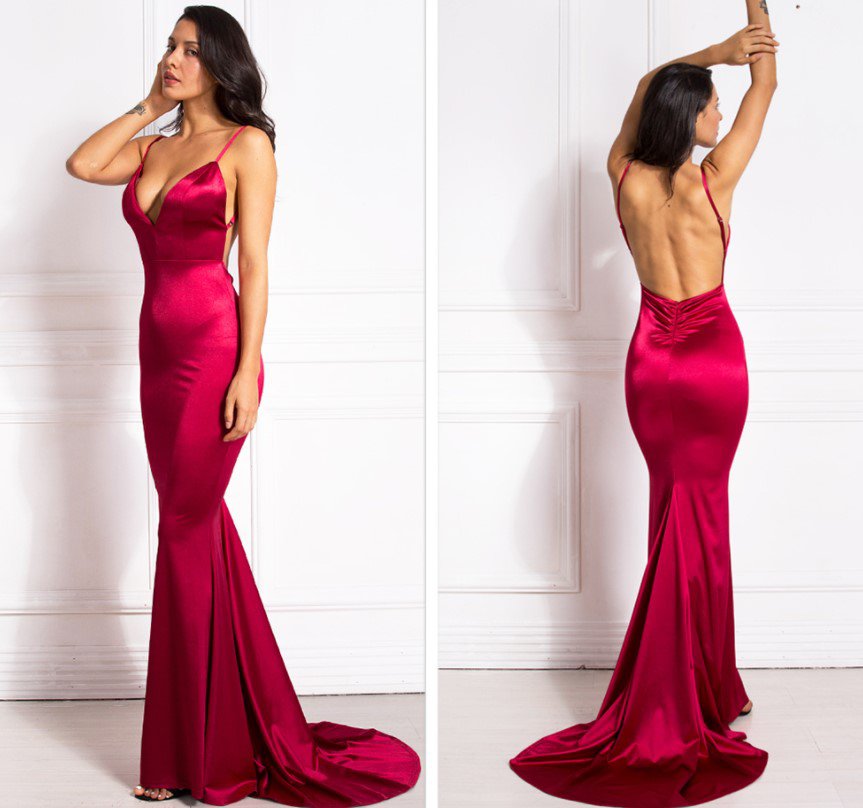 Backless Satin Evening Dress Gown Strappy Deep V Neck Floor Length Prom Dress
