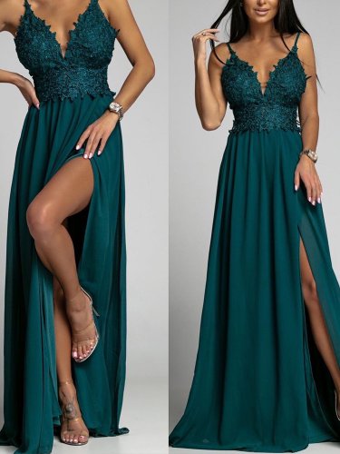 Elegant Backless Lace-Up Bowknot Party Dress Sexy Deep V Neck Lace Mesh Maxi Dress