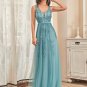Elegant Evening Dresses Long Lace Beading Vneck Sleeveless Blue Simple Backless Prom Dresses