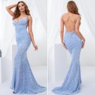 Sexy Blue Backless Slip Sequin Mermaid  V Neck Sleeveless Prom Dress