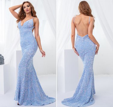 Sexy Blue Backless Slip Sequin Mermaid  V Neck Sleeveless Prom Dress