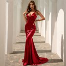 Sexy Red V-Neck Mermaid Dress Satin Backless Spaghetti Strap Fashion Gown Floor Length Party Dress