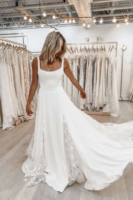 Elegant A-Line Square Neck White Beach Wedding Dresse