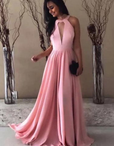 A-line Jewel Neck Long Prom Dresses Sleeveless Backless Floor Length Party Dress