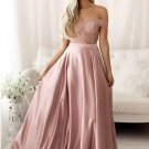 A-line Off The Shoulder Lace Top Long Prom Dresses Sweep Train Backless Party Gowns
