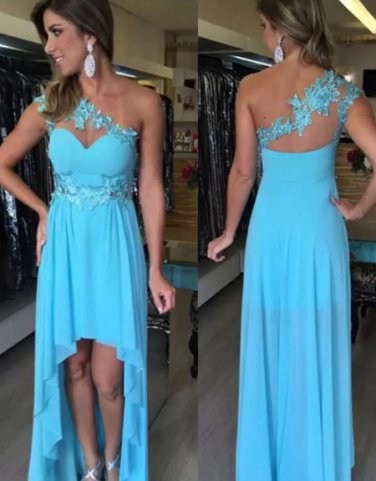 A-Line Princess One Shoulder Sky Blue Chiffon Prom Dresses