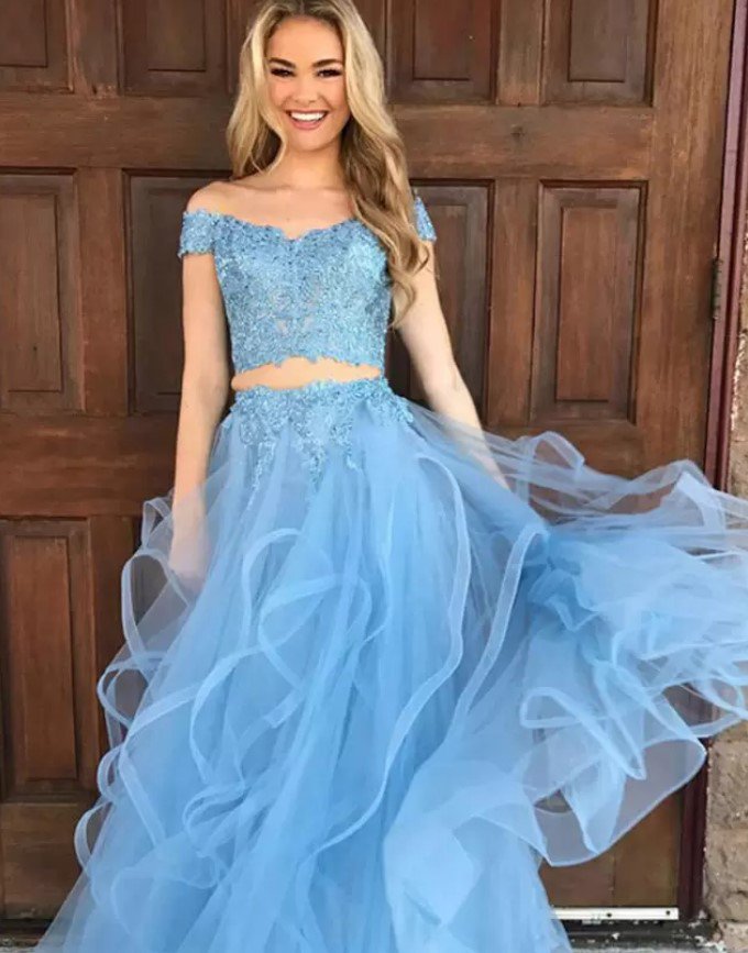 A-line Two Pieces Lace Prom Dresses Short Sleeves Off The Shoulder Tulle Formal Party Gowns