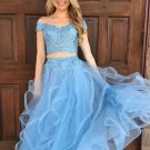 A-line Two Pieces Lace Prom Dresses Short Sleeves Off The Shoulder Tulle Formal Party Gowns