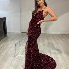 Burgundy Sequined Mermaid Prom Dresses Spaghetti V Neck Sexy Backless Party Gowns