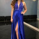Halter V Neck Prom Dresses Sleeveless Side Split Sexy Long Evening Party Gowns