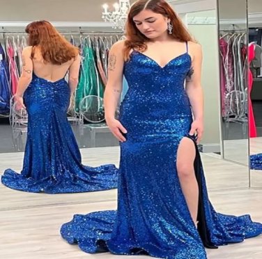 Glitter Blue Sequin Prom Dresses Spaghetti Straps Mermaid Long Evening Dress