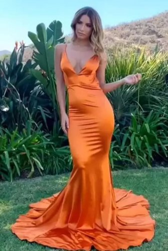Sexy Mermaid Deep V Neck Orange Prom Dresses Backless Sweep Train Party Gowns